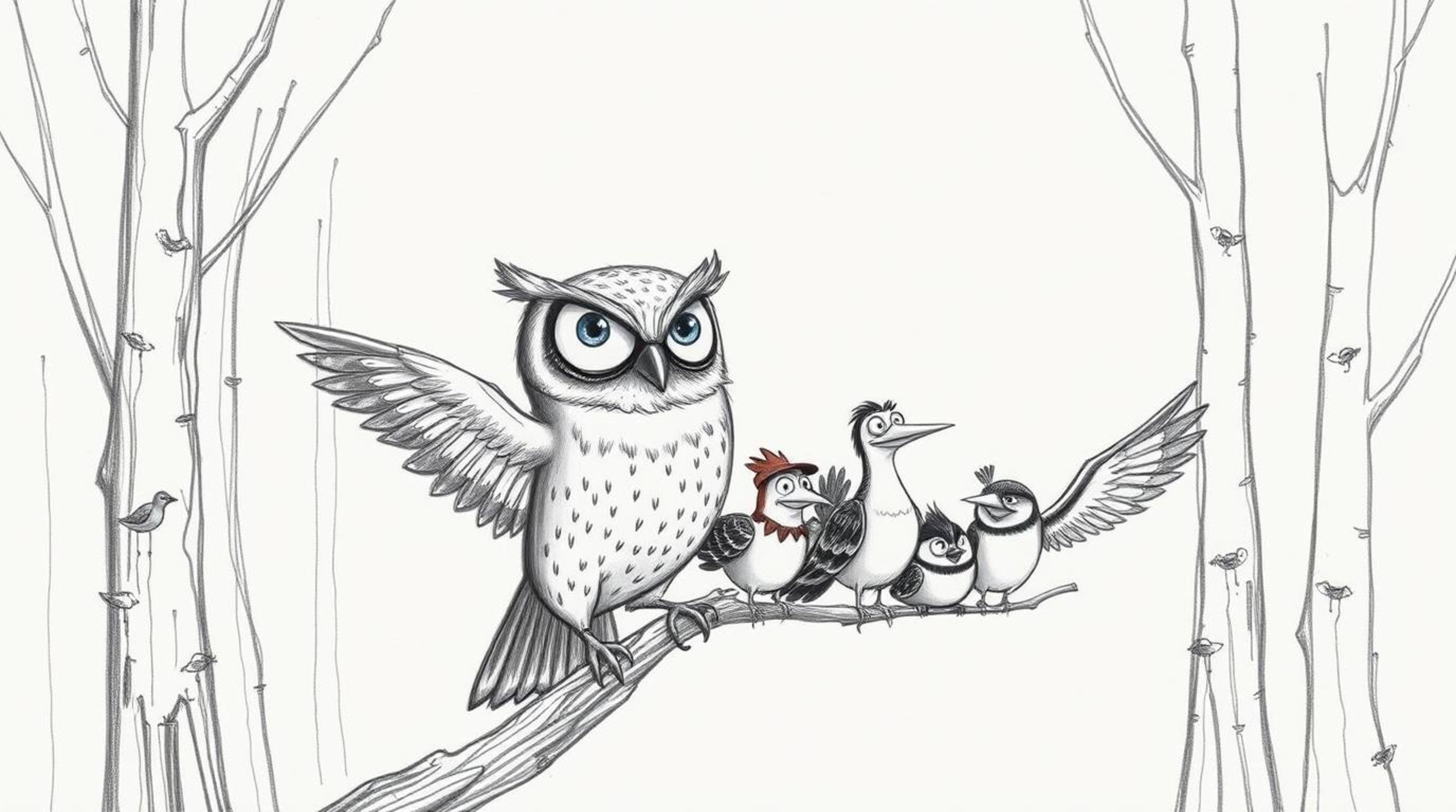 A captivating hand-drawn sketch in the style of Pixar, depicting a wise, blind owl with expressive eyes guiding a diverse flo
