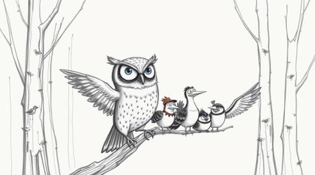 A captivating hand-drawn sketch in the style of Pixar, depicting a wise, blind owl with expressive eyes guiding a diverse flo