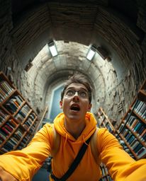 A person in brightly colored clothing, captured from a high angle perspective, exhibits a surprised expression upon discoveri