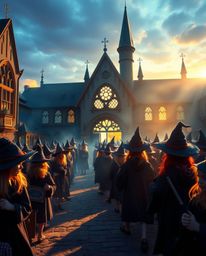 Imagine a magical school teeming with young wizards, bathed in the ethereal glow of the golden hour. Cool blues, greens, and