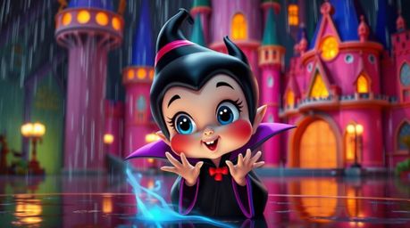 A captivating image of an adorable Disney villain, characterized by large eyes and rosy cheeks, casting a spell within a vibr