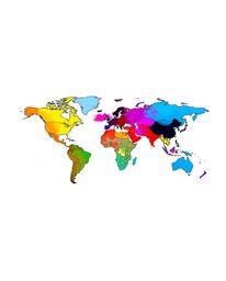 Explore a vibrant and abstract world map, divided into distinct sections with bold areas and bright colorful splashes. This c