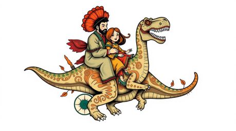 A vibrant, retro-colored print showcases a prehistoric family joyfully riding a dinosaur car, rendered in a traditional tatto