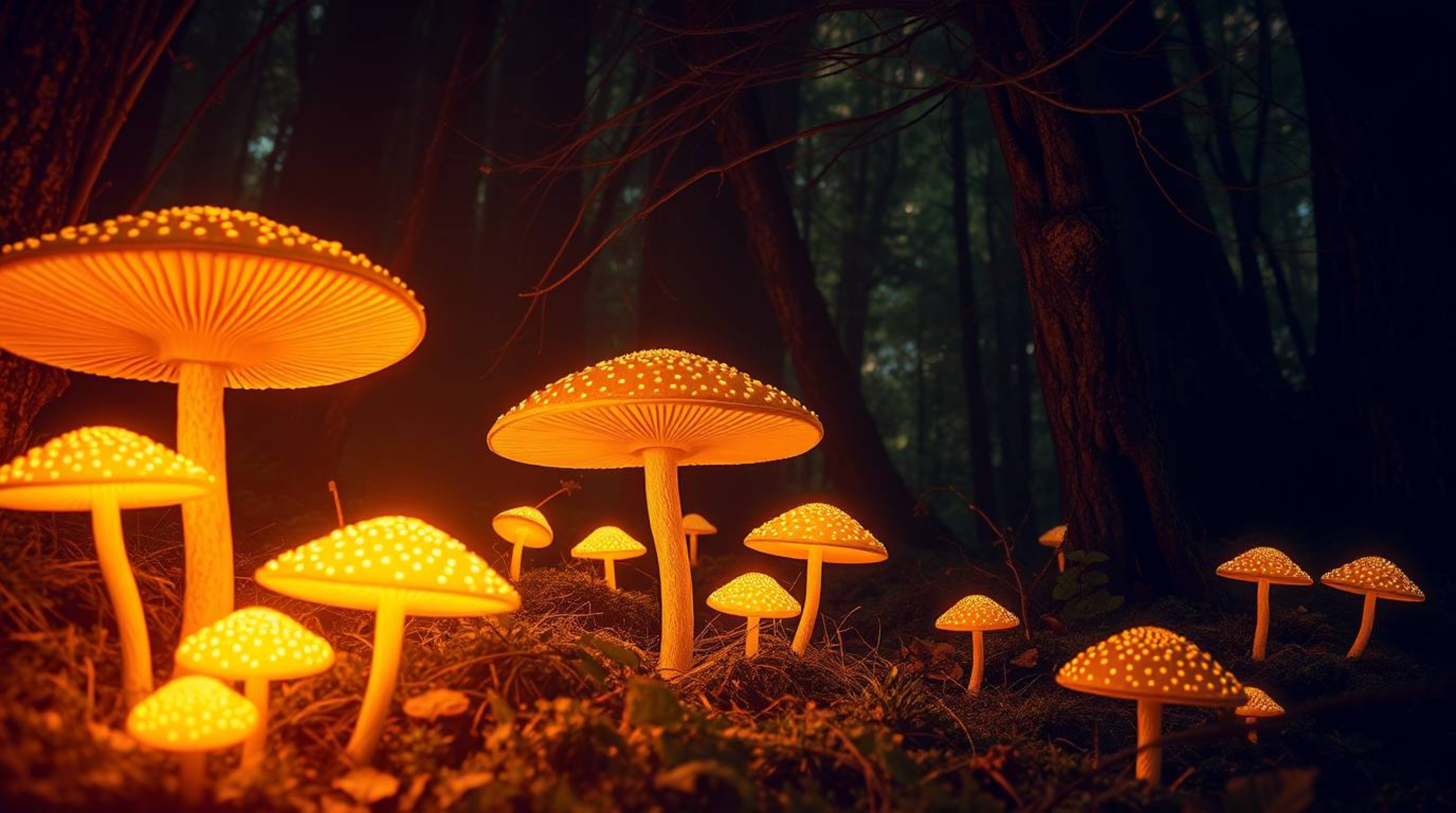 Immerse yourself in a vintage-style enchanted forest, illuminated by glowing mushrooms and a warm golden glow. Experience int