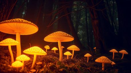 Immerse yourself in a vintage-style enchanted forest, illuminated by glowing mushrooms and a warm golden glow. Experience int