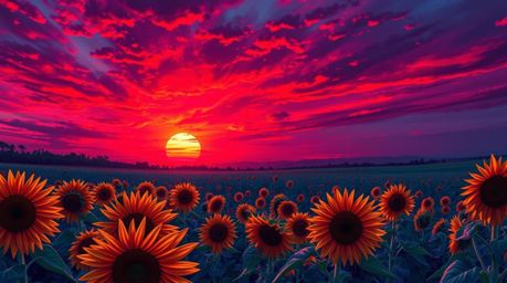 A captivating digital painting showcases a breathtaking sunflower field bathed in the dramatic light of a deep red and purple