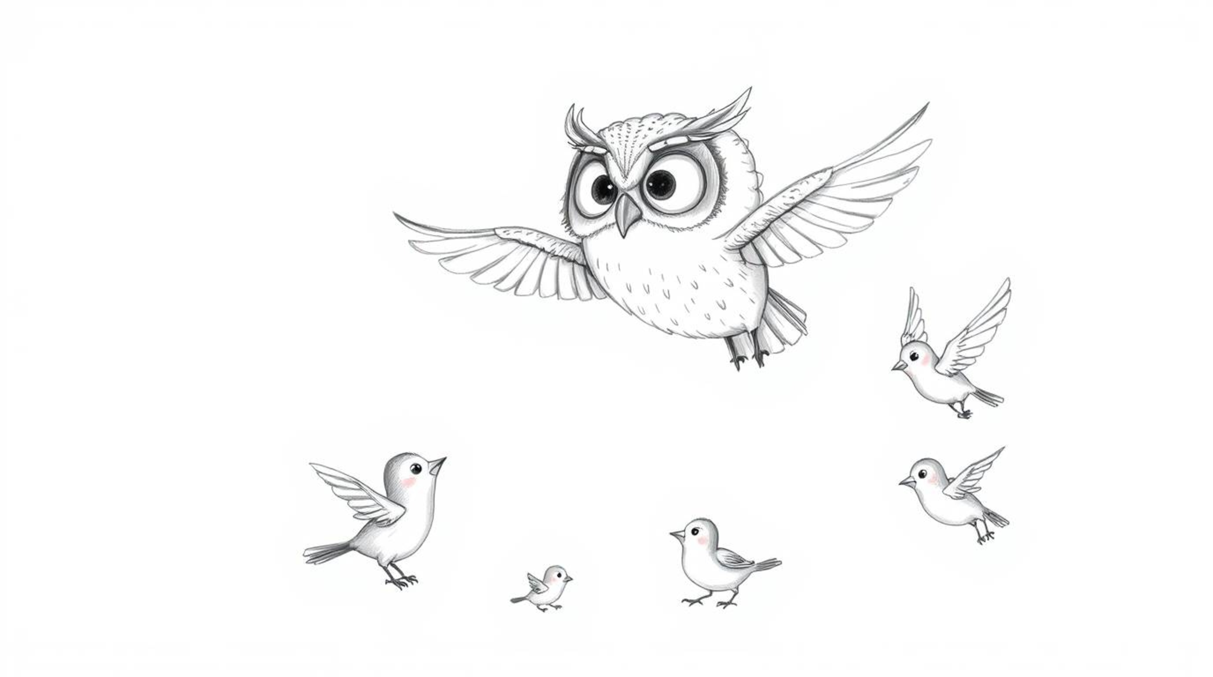 A hand-drawn Pixar-style sketch features a wise, blind owl with soft pencil textures against a white background. This heartwa