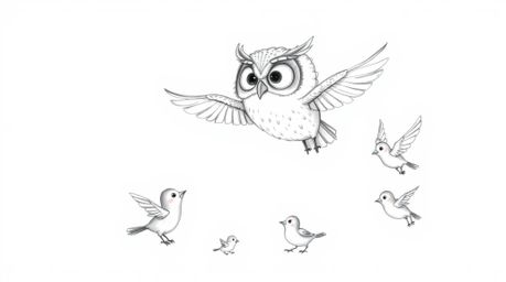 A hand-drawn Pixar-style sketch features a wise, blind owl with soft pencil textures against a white background. This heartwa