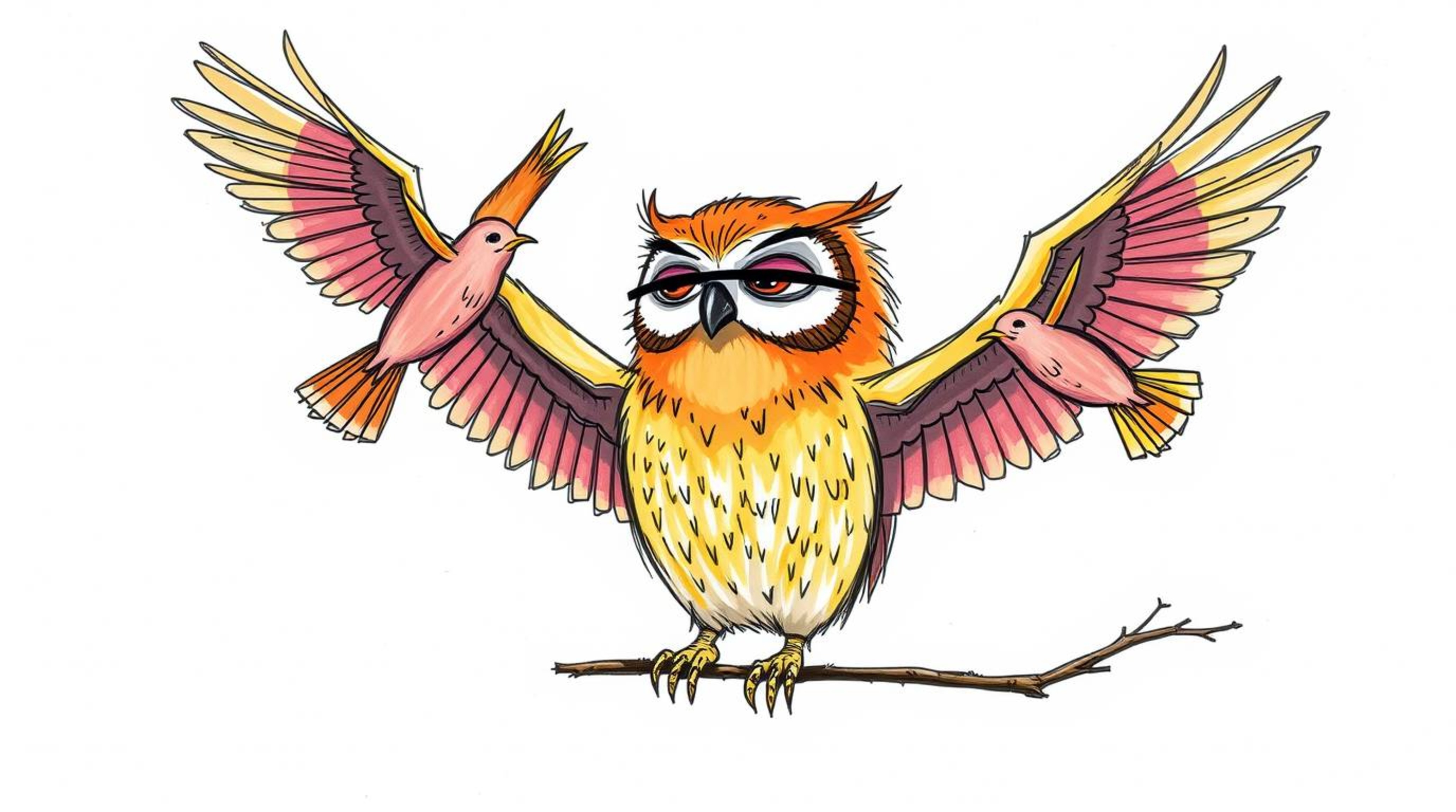 A heartwarming hand-drawn color sketch in Pixar style depicts a blind owl, with expressive lines and vibrant colors reminisce