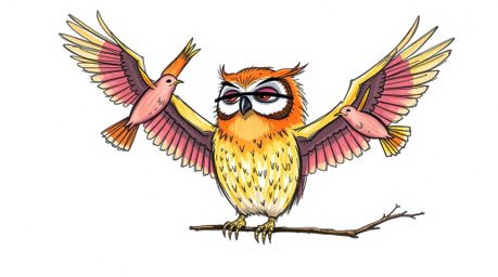 A heartwarming hand-drawn color sketch in Pixar style depicts a blind owl, with expressive lines and vibrant colors reminisce