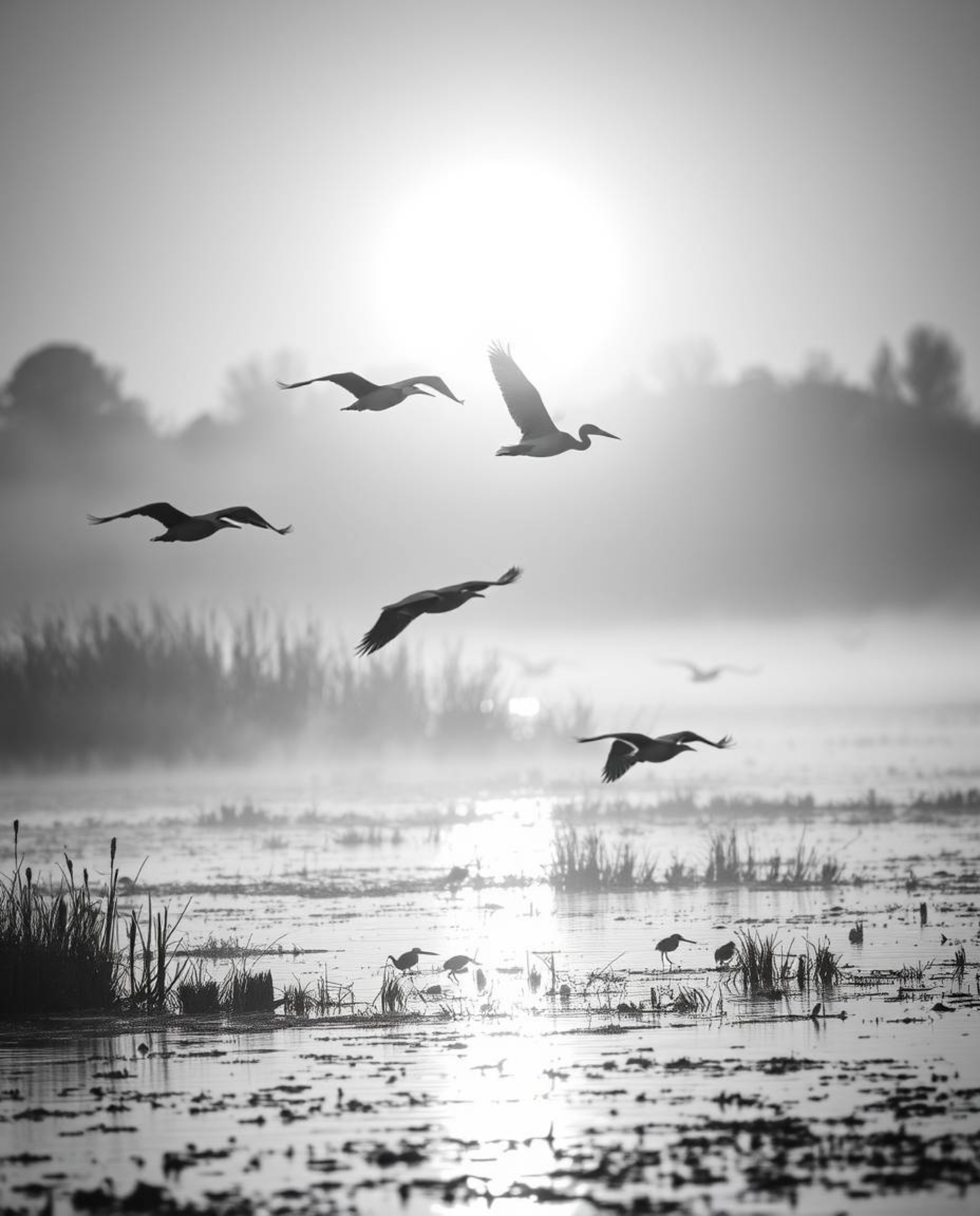 A classic black and white photograph of a golden hour wetlands scene with herons in flight. The image is defined by its gentl