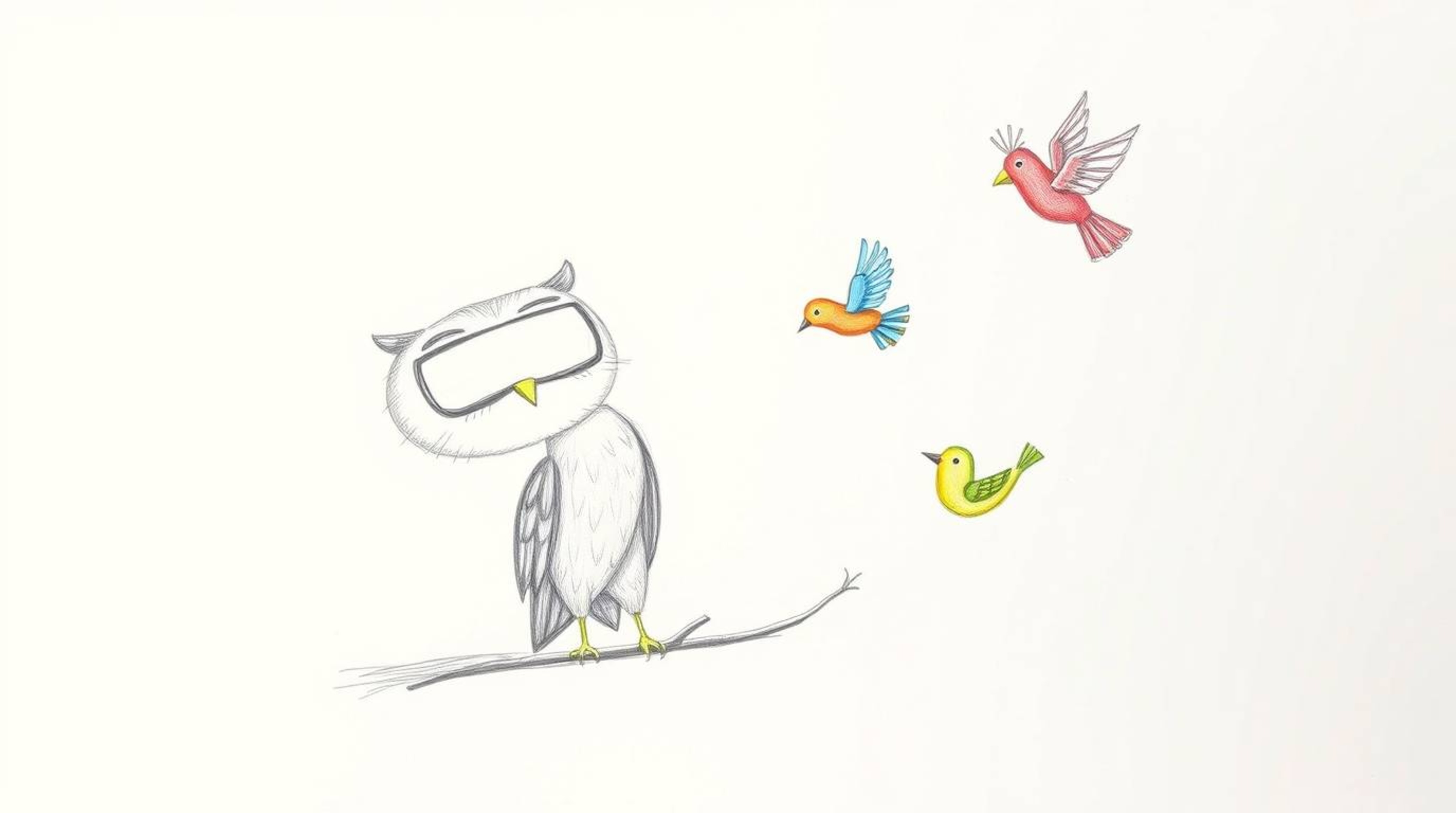 A heartwarming, hand-drawn sketch in the style of Pixar, portraying a gentle, blind owl with a kind expression. The owl is te
