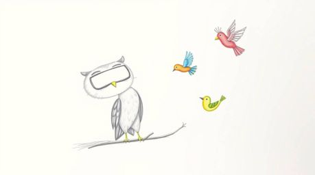 A heartwarming, hand-drawn sketch in the style of Pixar, portraying a gentle, blind owl with a kind expression. The owl is te