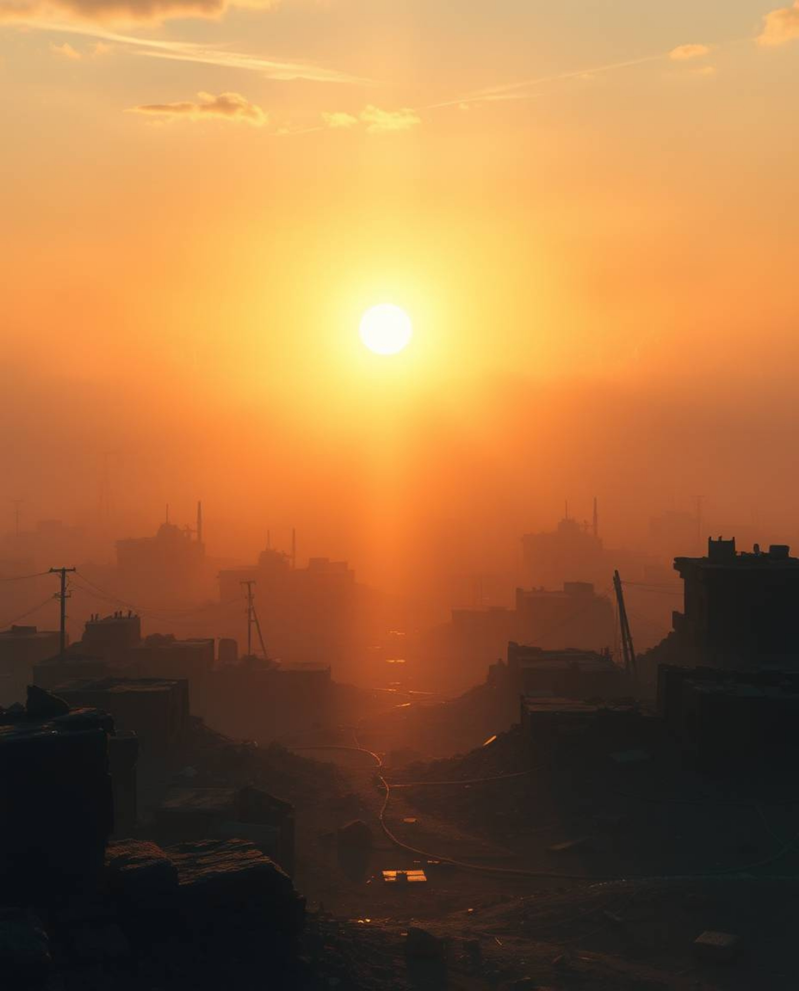 Explore a captivating digital painting depicting a sunrise over a war-torn landscape, bathed in volumetric lighting and hazy,