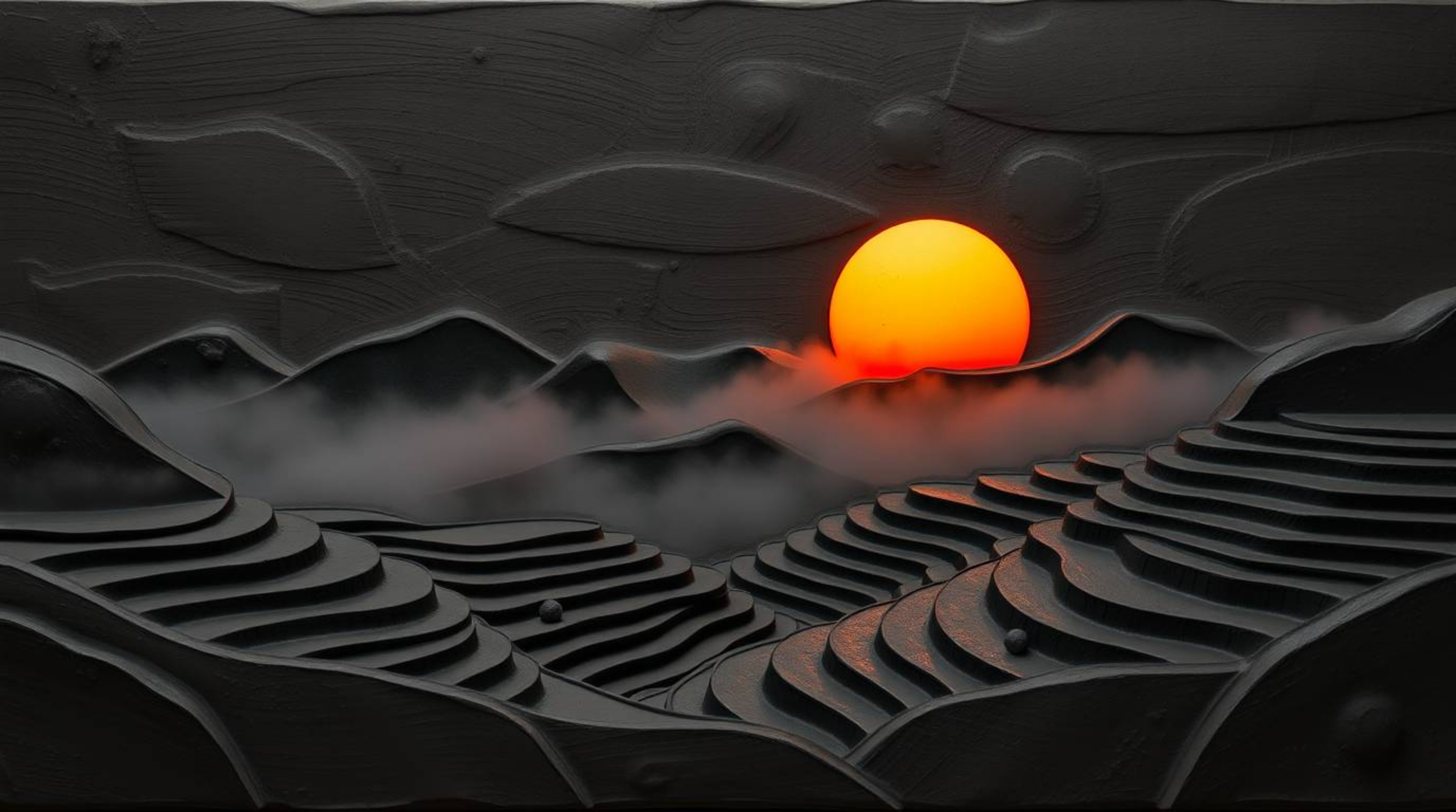Discover stunning sculptural clay art depicting a dramatic sunset over mountainous rice terraces. This piece captures a stron