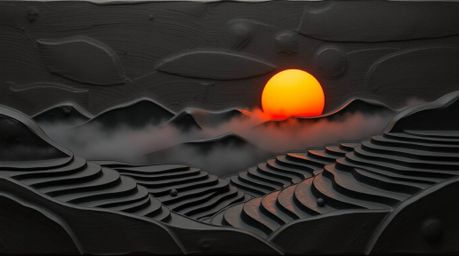 Discover stunning sculptural clay art depicting a dramatic sunset over mountainous rice terraces. This piece captures a stron