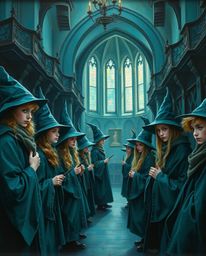Immerse yourself in a classic oil painting depicting a magical school brimming with young wizards. Rendered in rich, deep tea