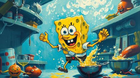 A bold acrylic painting showcases a dynamic sponge character cooking in a vibrant underwater kitchen.  The scene is rendered 
