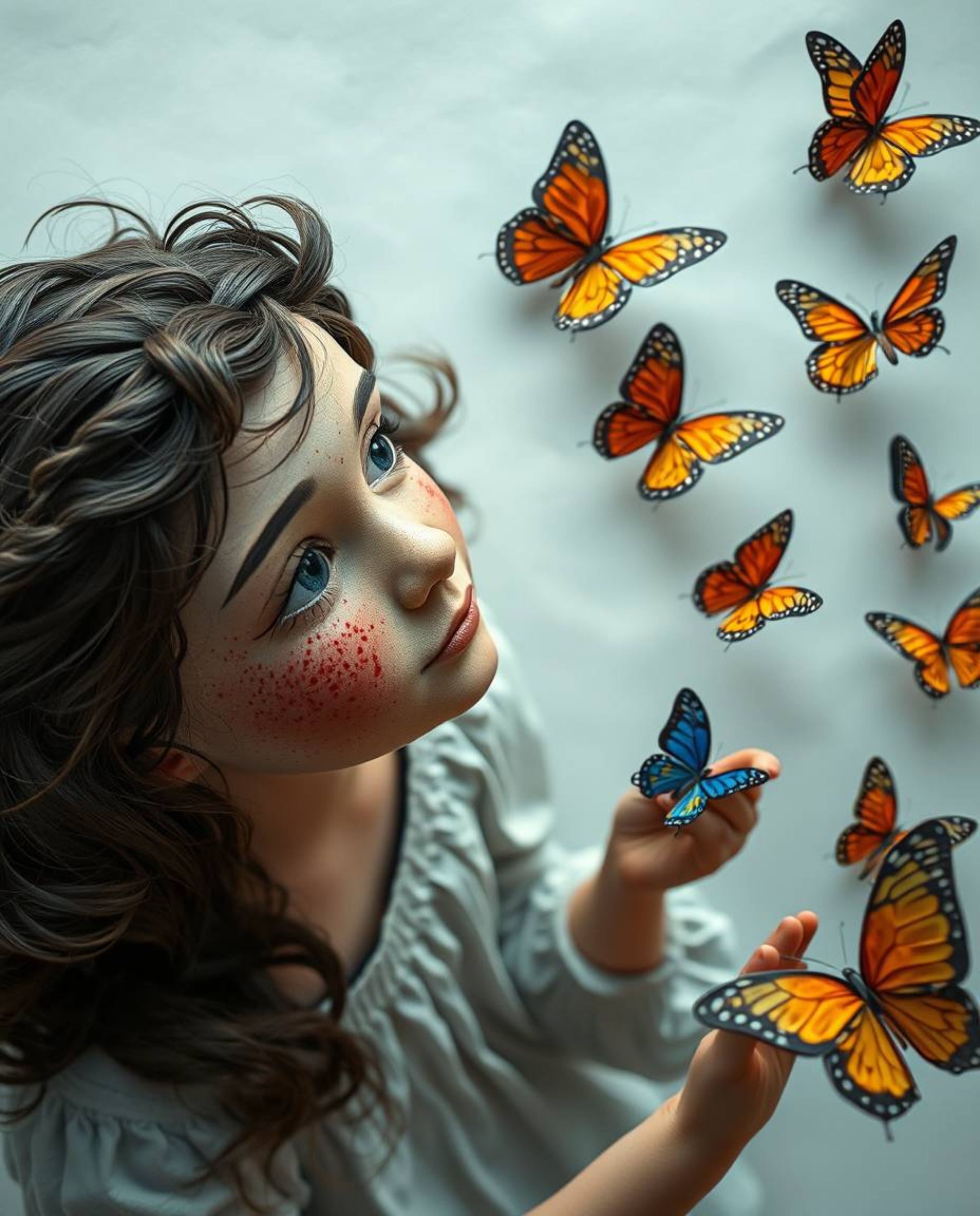 A captivating artwork depicts a girl with freckled skin releasing butterflies into the air, captured from a bird's eye view p
