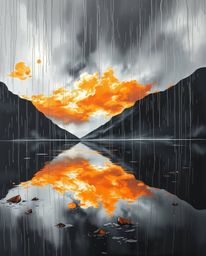 A bold acrylic painting in classic black and white, depicting a wet rainy scene with reflections of fiery clouds in a mountai