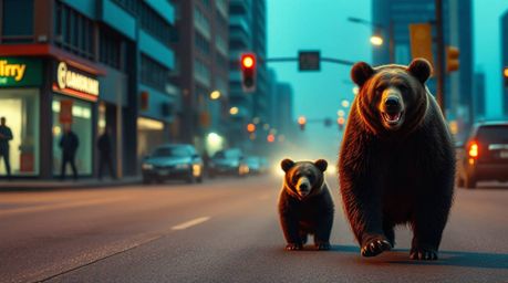 A dramatic cinematic-style photograph capturing a bear family's unexpected urban adventure. The image utilizes a striking com