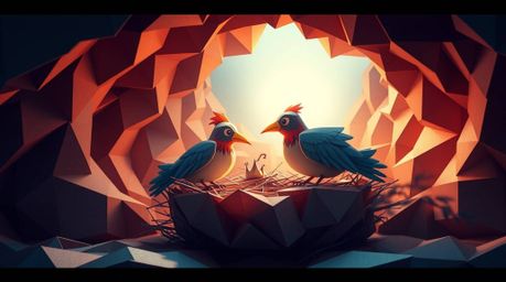 An epic scene depicting two cartoon birds meticulously building a nest in a classic animation style, rendered with intricate 