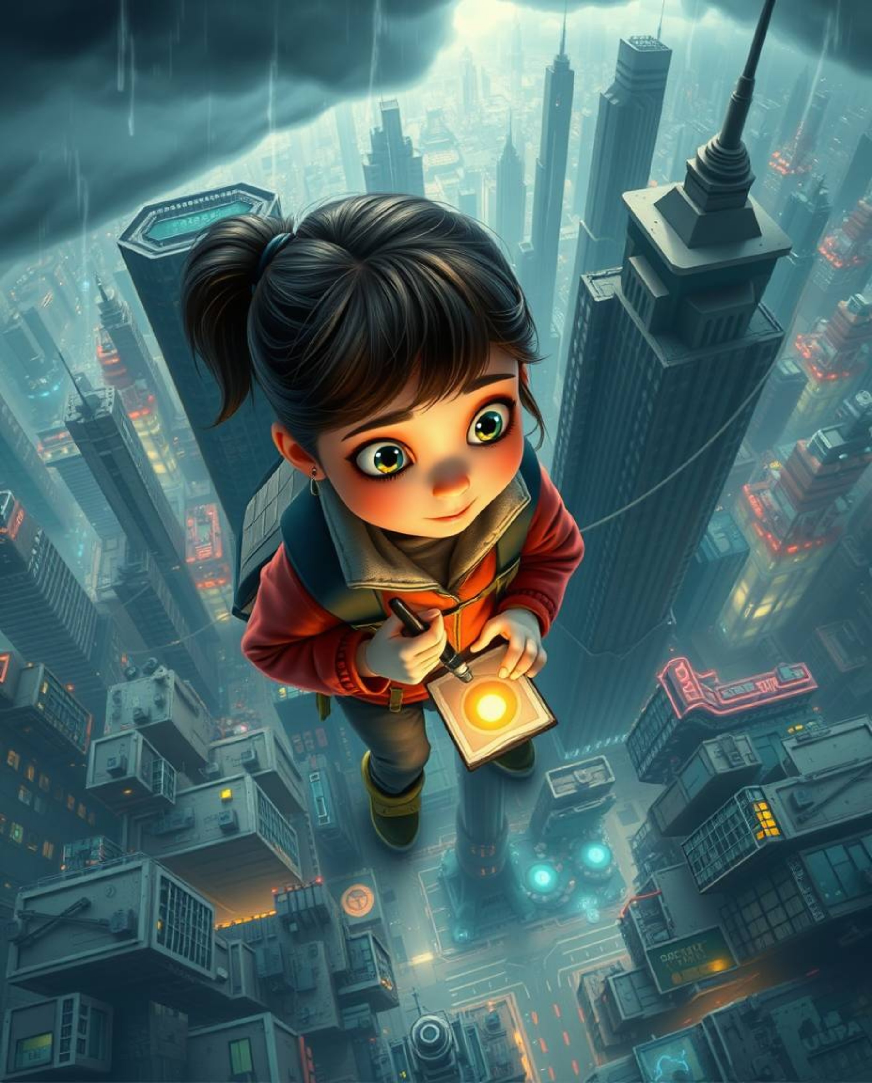 A young inventor girl toiling away on her creation within the heart of a sprawling futuristic city. Captured from a captivati