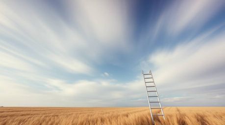A minimalist scene featuring a silver ladder in an open field beneath a wide, cloudy sky, captured through long exposure phot