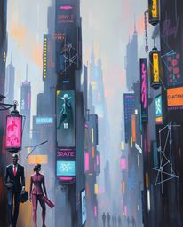 A captivating oil painting depicts a futuristic city consumed by a glitch effect. Flickering lights and broken holograms add 