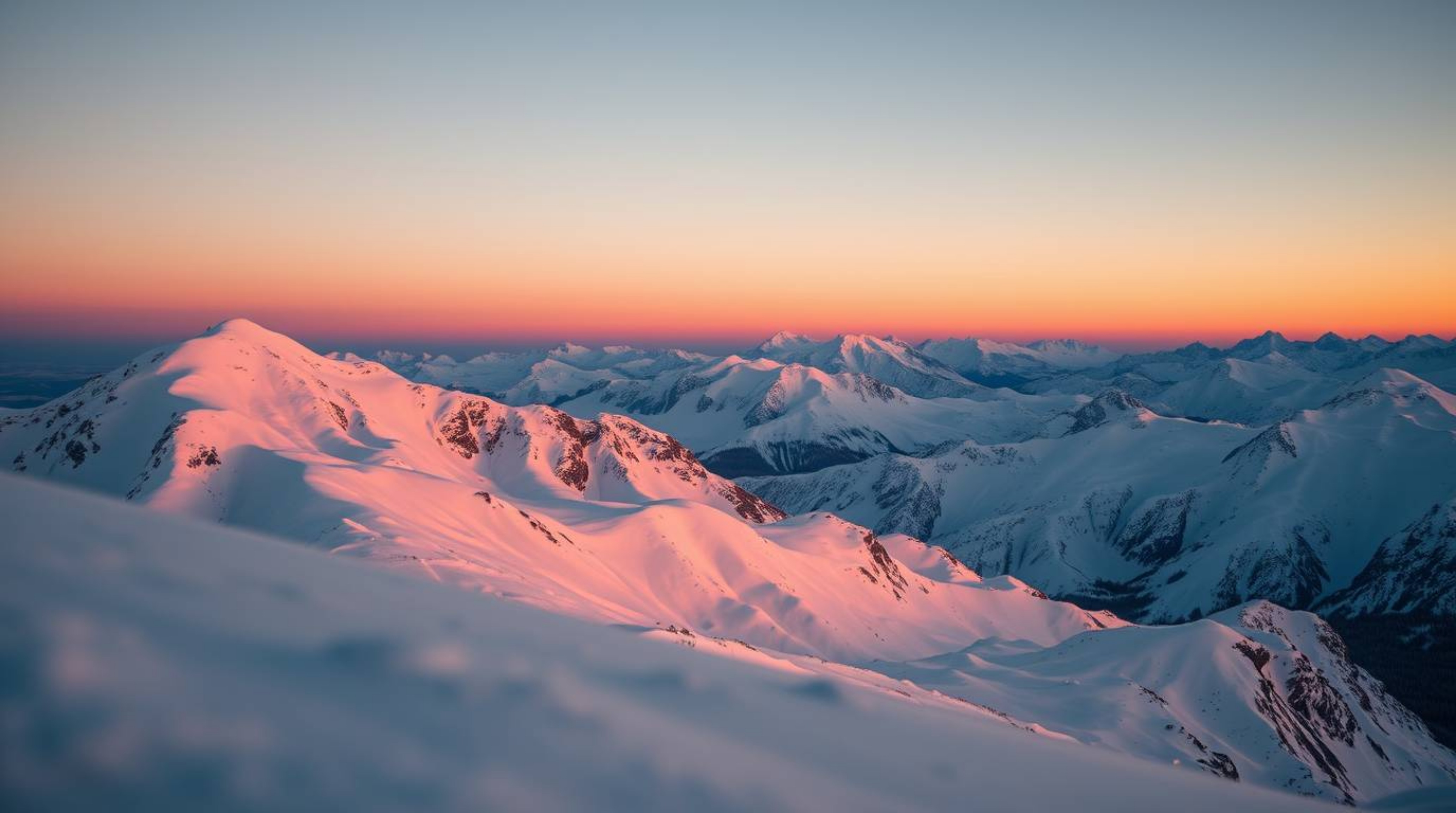Experience the breathtaking beauty of snow-covered mountains bathed in the soft, warm glow of a pastel sunset. This close-up 