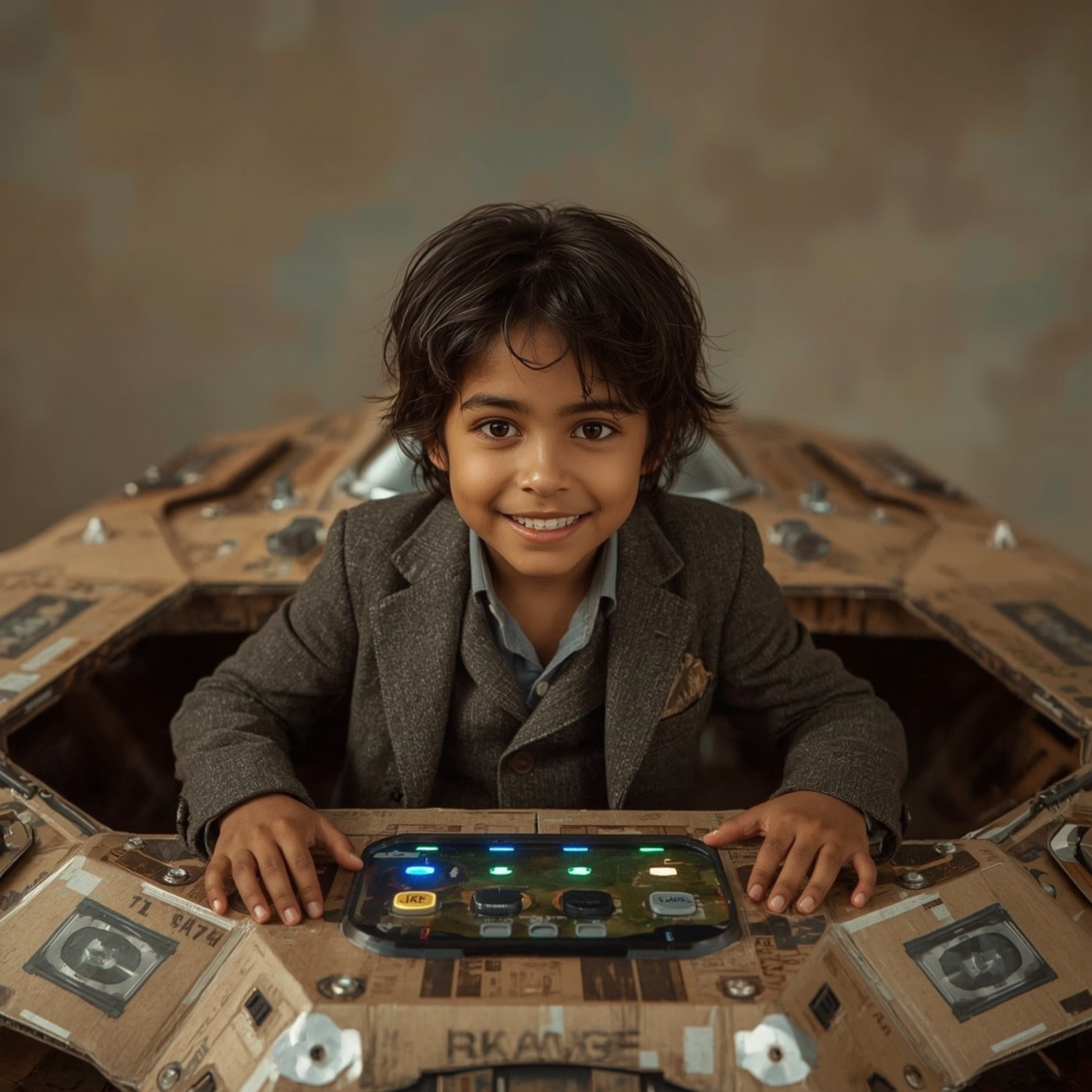 Exquisite high-fashion photography showcasing a boy with a radiant smile and dark brown skin, proudly standing before a gigan