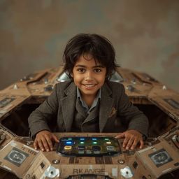 Exquisite high-fashion photography showcasing a boy with a radiant smile and dark brown skin, proudly standing before a gigan