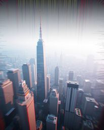 Experience a calming, bird's-eye view of a glitchy digital landscape.  Distorted skyscrapers and soft pastel colors create a 