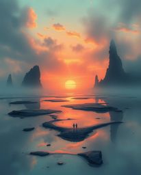 A surreal and dreamlike illustration captures a sunset sky reflected in the still waters of tidal pools on a beach. The entir