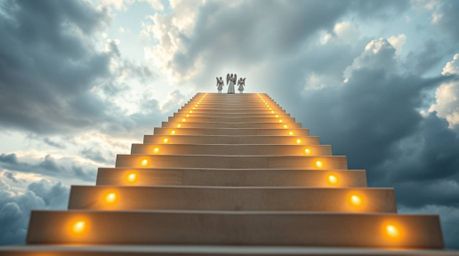 A breathtaking close-up captures luminous steps ascending into a cloudy sky, where silhouetted angelic figures watch from the