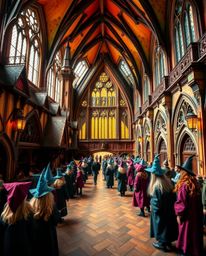Explore the enchanting architectural details of a magical school teeming with young wizards, captured in precise architectura