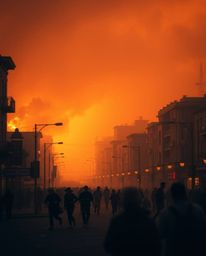 A warm, soft, and professional photograph capturing a city engulfed in flames, with people running amidst a dreamy atmosphere