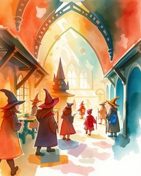 Discover a breathtaking watercolor painting depicting a magical school brimming with young wizards.  Warm reds, oranges, and 