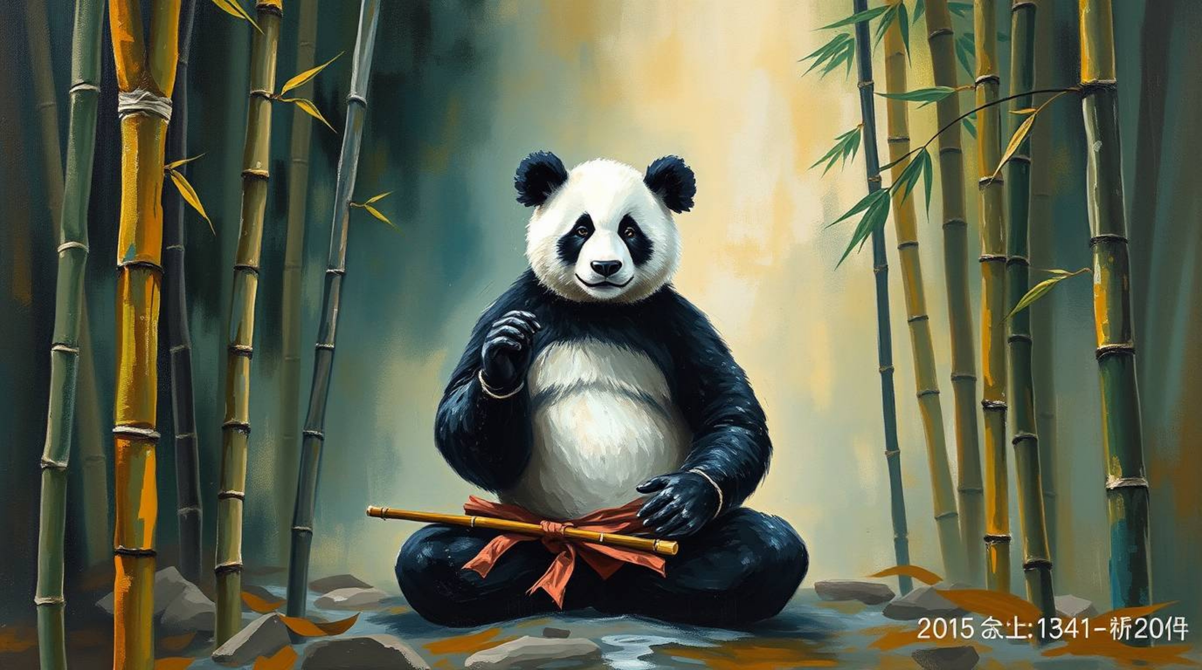 Immerse yourself in a classic oil painting depicting a martial artist panda meditating peacefully in a lush bamboo forest. Th
