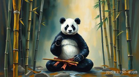 Immerse yourself in a classic oil painting depicting a martial artist panda meditating peacefully in a lush bamboo forest. Th