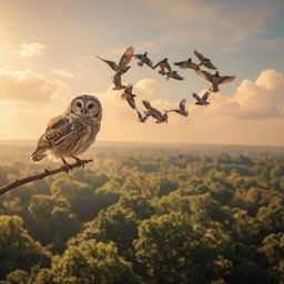 A stunning high-fashion photography piece depicts a blind owl, in muted greys and browns, precariously balanced on a twig hig