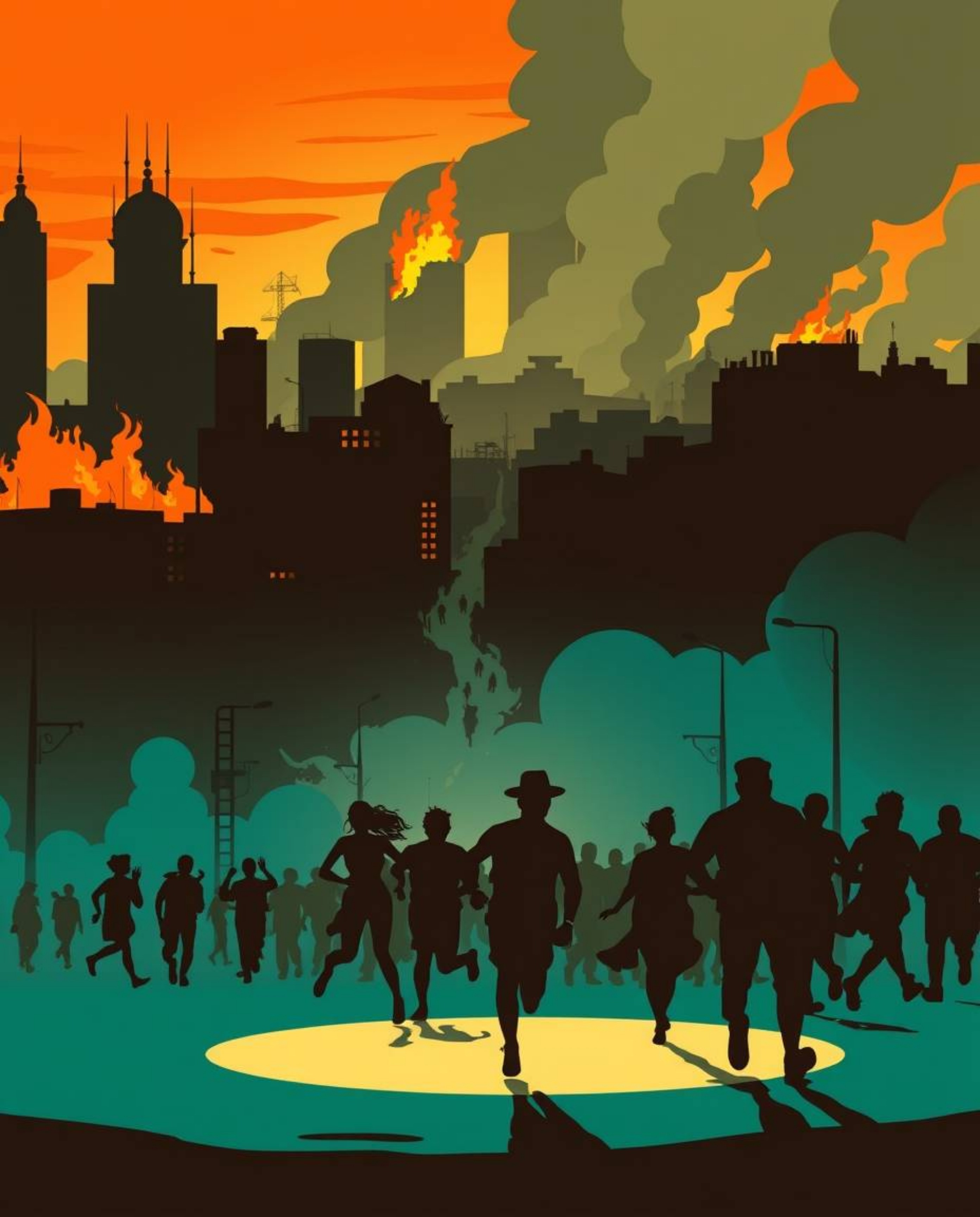 This artwork depicts a dramatic city in flames, with silhouetted figures running in all directions. The warm terracotta hues
