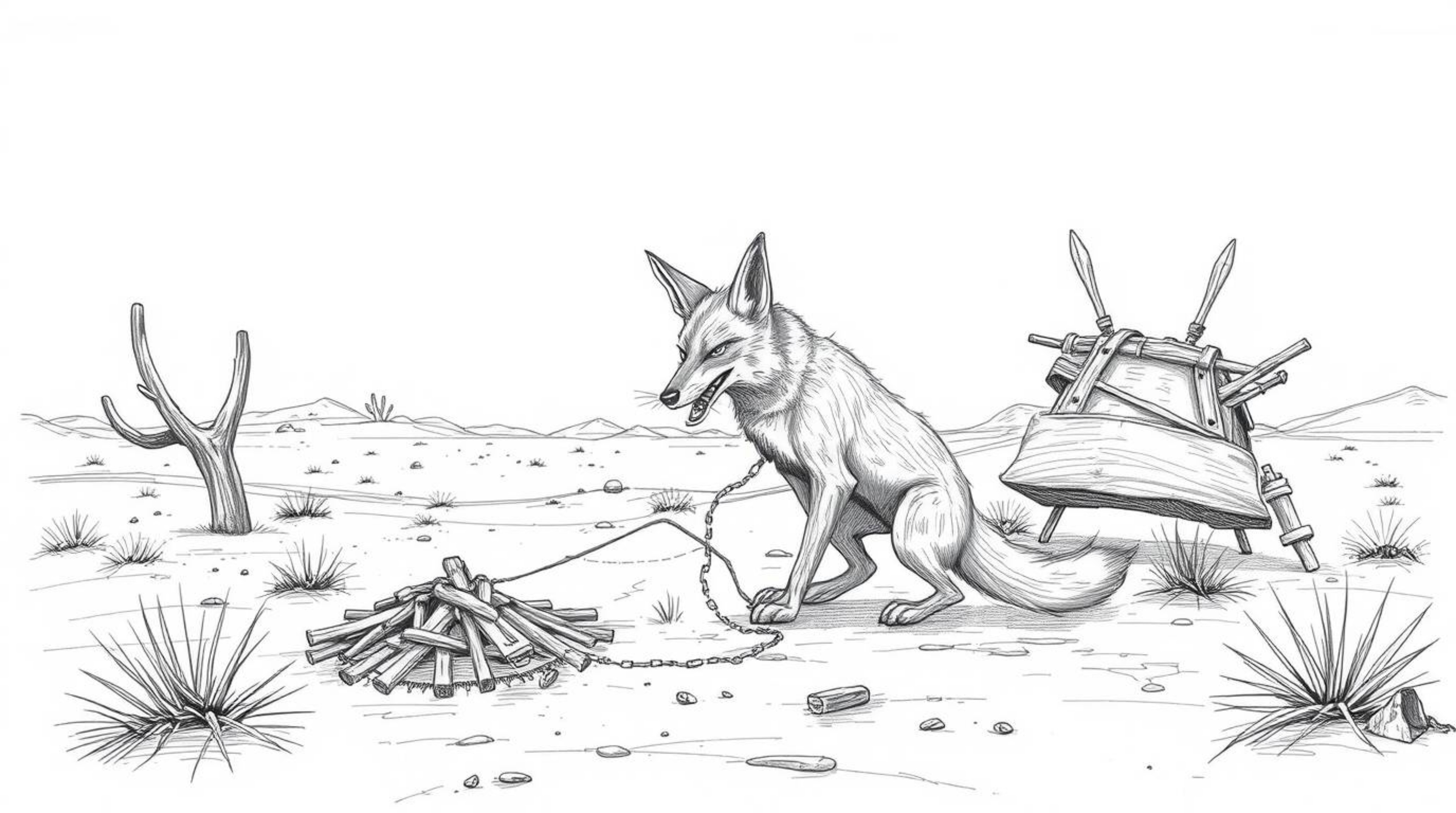A large-scale hand-drawn sketch depicts a coyote setting a ridiculously elaborate trap in the desolate desert. The epic scene