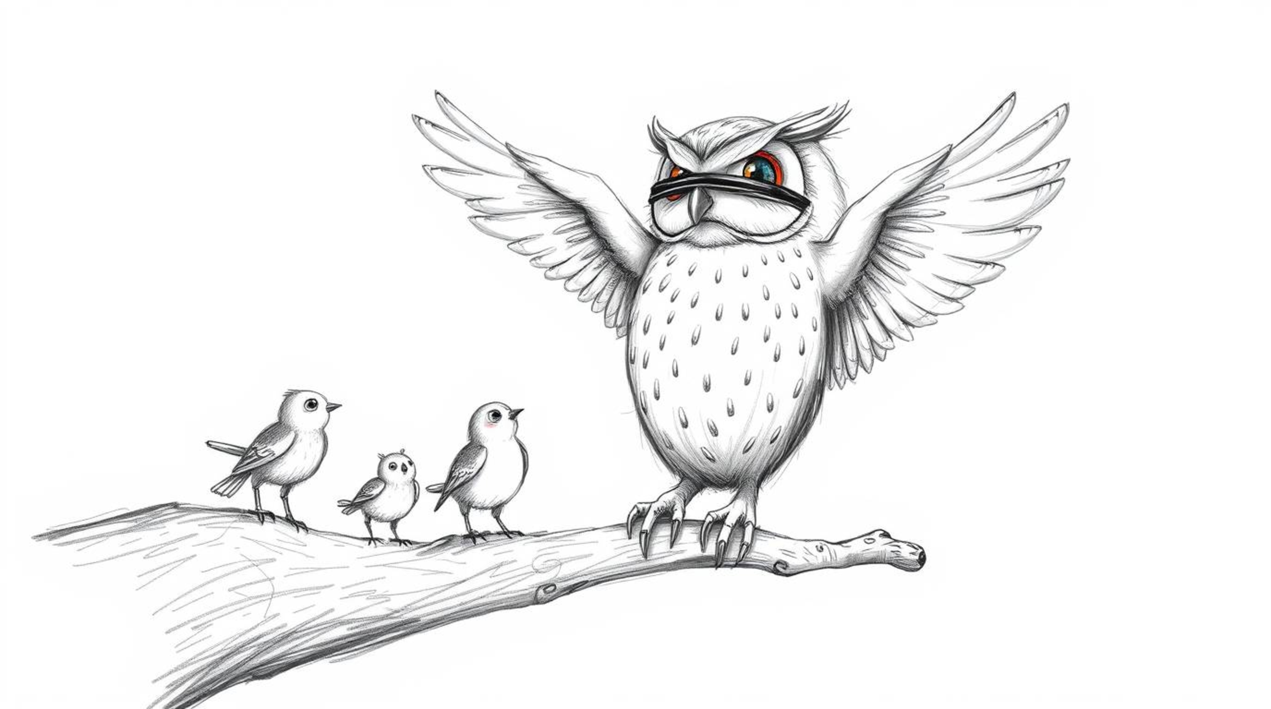 A heartwarming hand-drawn sketch in the style of Pixar portrays a blind owl with soft, feathery textures guiding small birds 