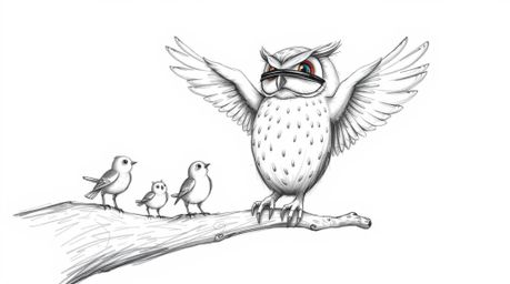 A heartwarming hand-drawn sketch in the style of Pixar portrays a blind owl with soft, feathery textures guiding small birds 