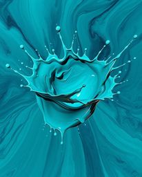 This bold acrylic painting captures a rich, deep teal paint splash frozen in mid-air, creating a surreal effect with luxuriou