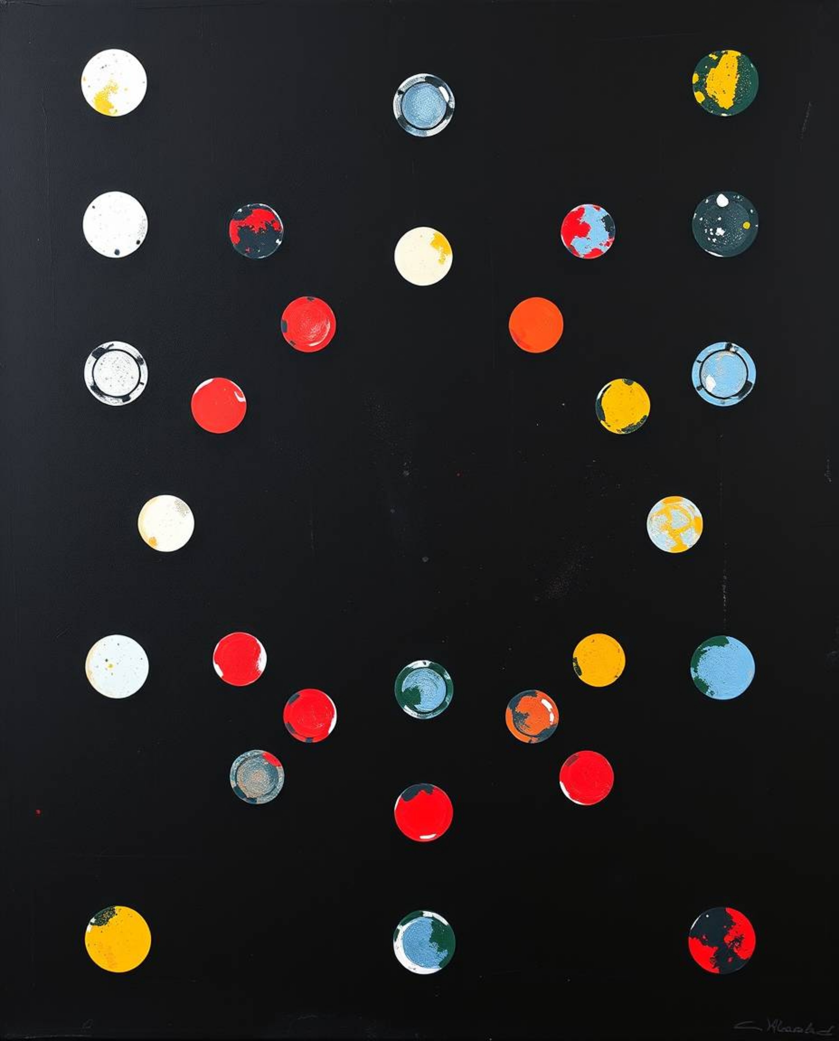 This captivating artwork showcases a high-angle perspective of an intense jet-black acrylic painting featuring a minimalist g