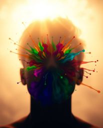 A captivating close-up shot featuring a soft cinematic haze and vibrant colorful splash patterns that coalesce to form a huma