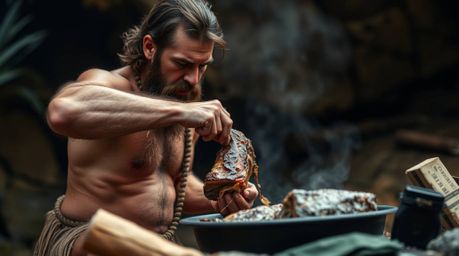 Experience a glimpse into the past with this sharply focused image of a caveman expertly cooking mammoth meat. The blurred bo