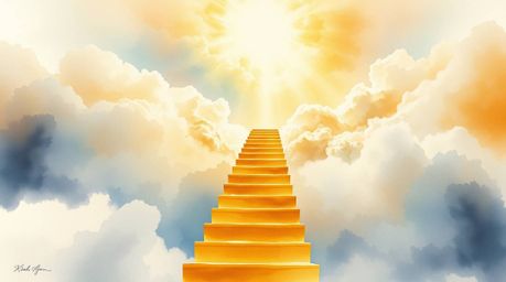 A delicate watercolor painting depicts a golden staircase ascending through clouds towards a radiant heaven. Sunlight bursts 